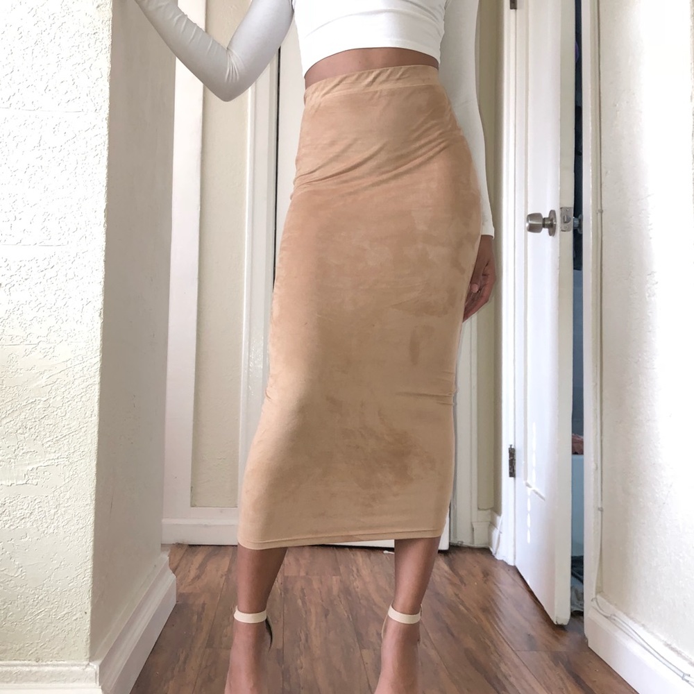 Camel midi faux suede skirt